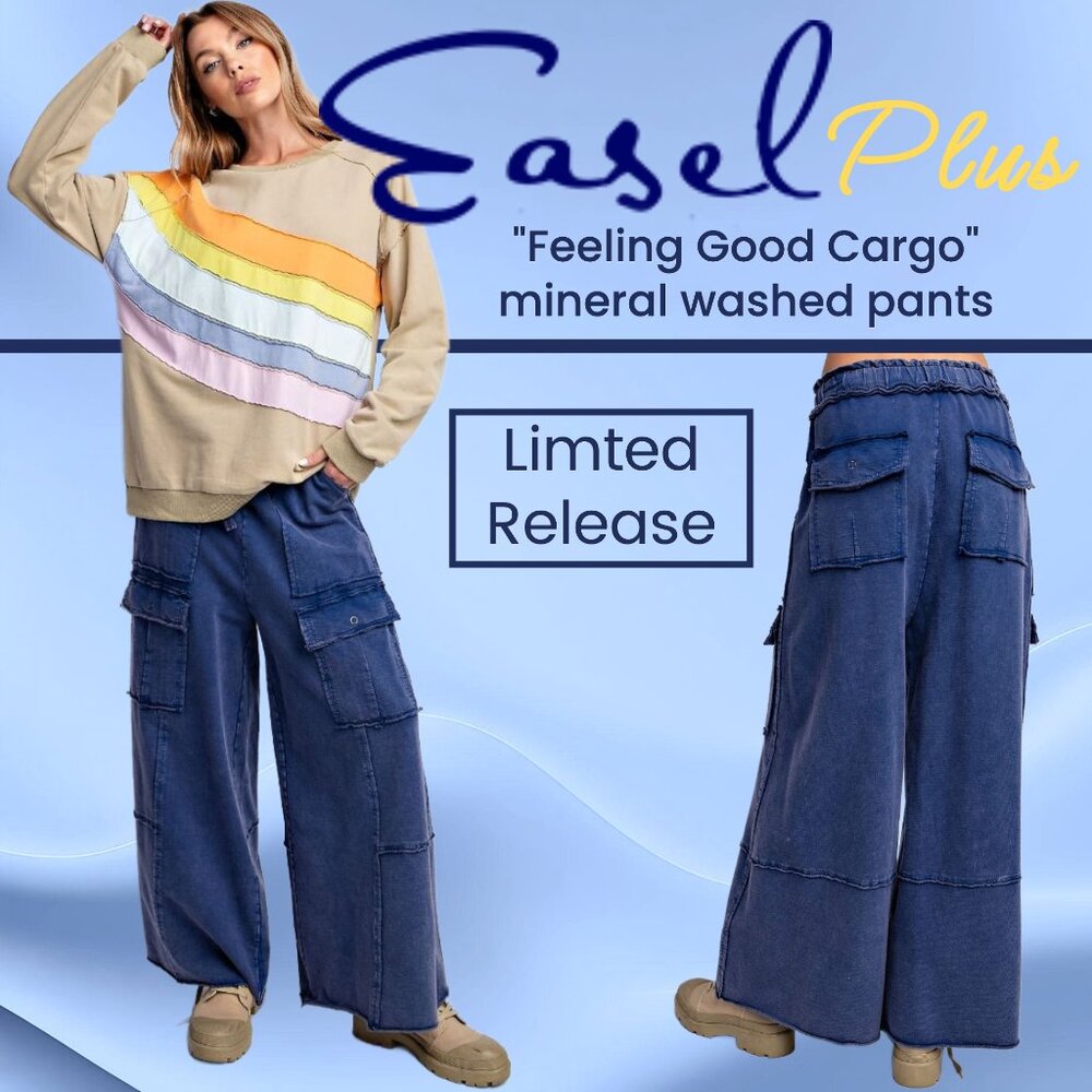 EASEL “Feeling Good Cargos” Mineral Washed Flared Leg, Raw Seams & Hems, Pockets